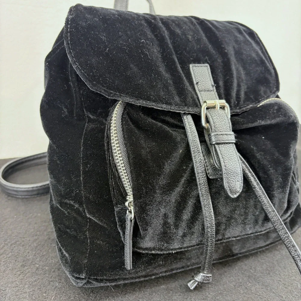 Y2K Black Velvet Backpack Drawstring Flap Metal Buckle Small Slouchy Goth Witchy